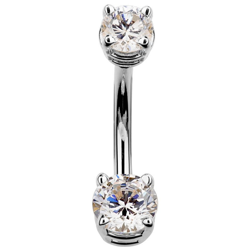 14k white gold double CZ belly button ring with clear round-cut stones in claw settings, front view