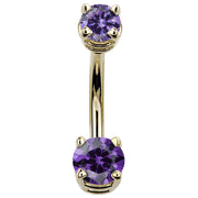 14k yellow gold double belly ring featuring two purple round-cut CZ stones in claw prong settings