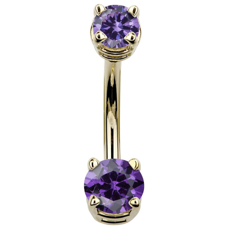 14k yellow gold double belly ring featuring two purple round-cut CZ stones in claw prong settings