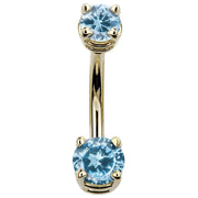 14k yellow gold double gem navel ring with aqua light blue CZ stones in claw settings, front view