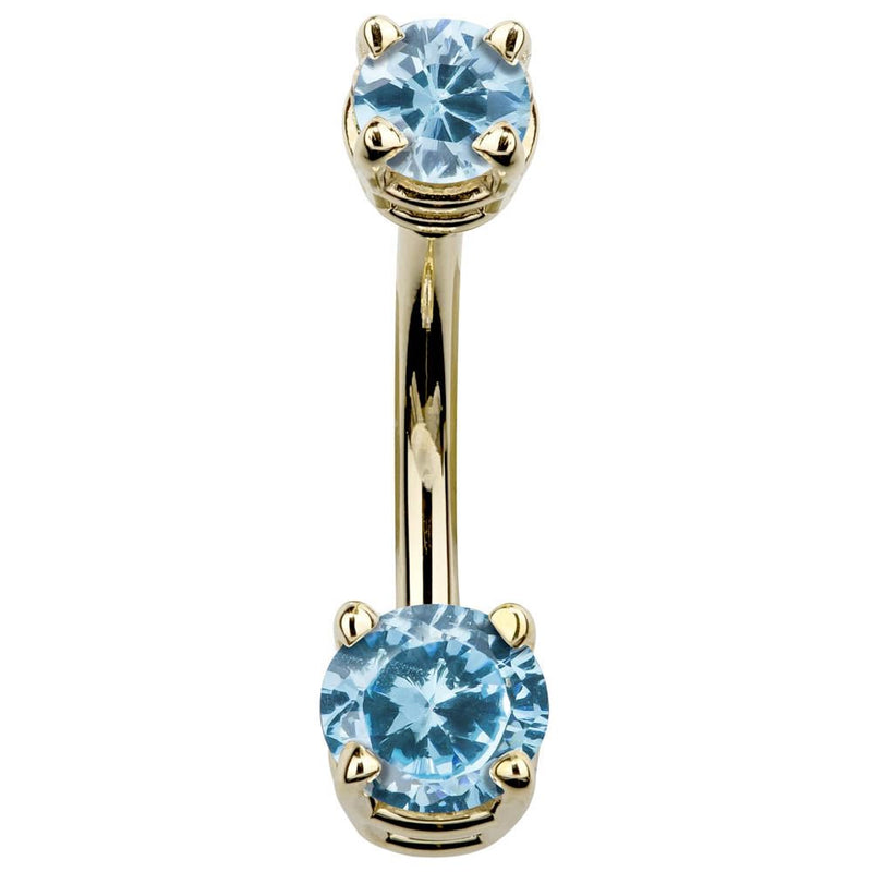 14k yellow gold double gem navel ring with aqua light blue CZ stones in claw settings, front view