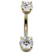 14k yellow gold petite double CZ belly ring with clear stones, showing prong detail and polished barbell