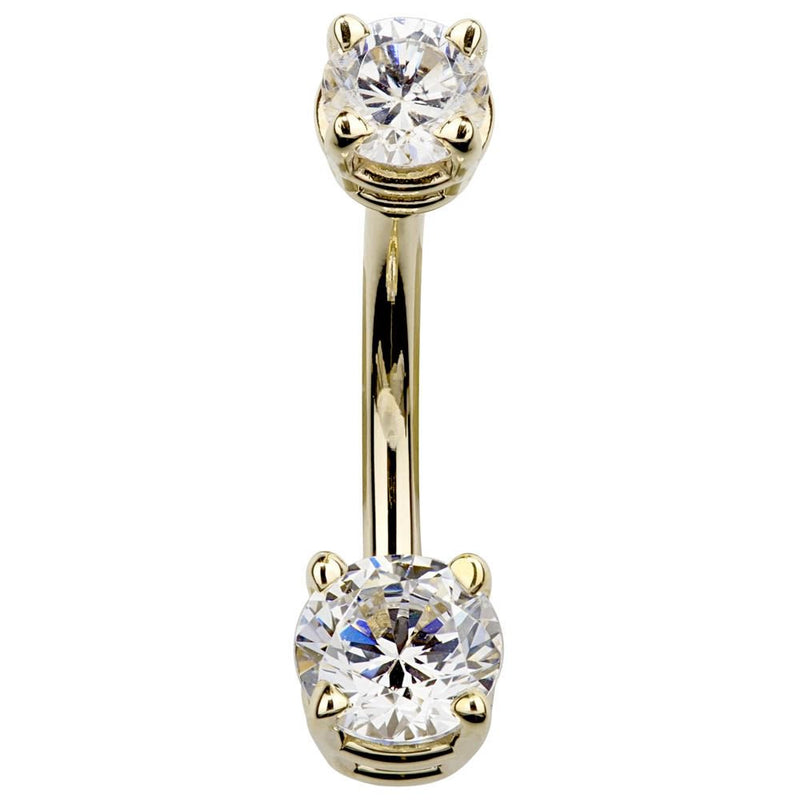 14k yellow gold petite double CZ belly ring with clear stones, showing prong detail and polished barbell