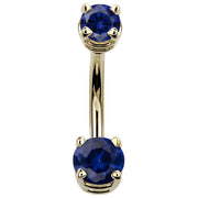 14k yellow gold double CZ belly ring with deep blue sapphire-toned stones in prong settings