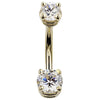 14k yellow gold double CZ belly ring with clear round-cut stones in prong settings, front view