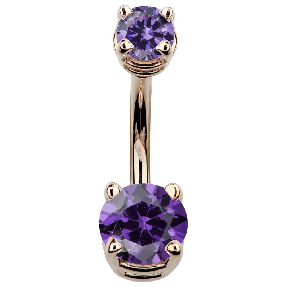 Double Round Cubic Zirconia 14k Gold Belly Ring-14k Rose Gold   Purple