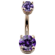 14k rose gold double CZ navel ring with purple round cubic zirconia gems, front view