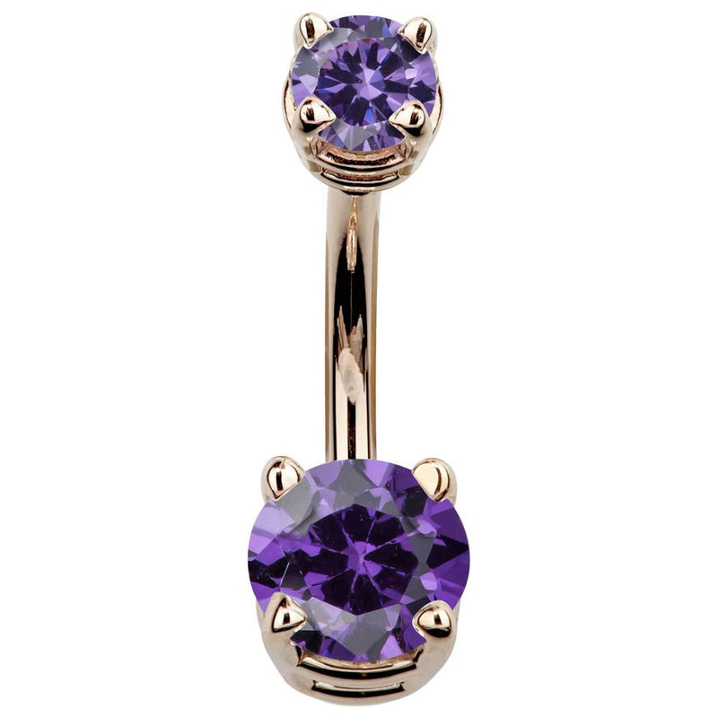 14k rose gold double CZ navel ring with purple round cubic zirconia gems, front view