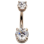 14k rose gold double CZ belly ring with clear round-cut cubic zirconia gems, front view