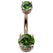 14k rose gold double CZ belly ring with dark green emerald-toned cubic zirconia, front view
