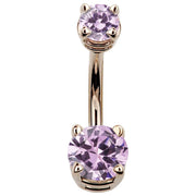 14k rose gold double CZ navel ring with soft pink round cubic zirconia gems, front view