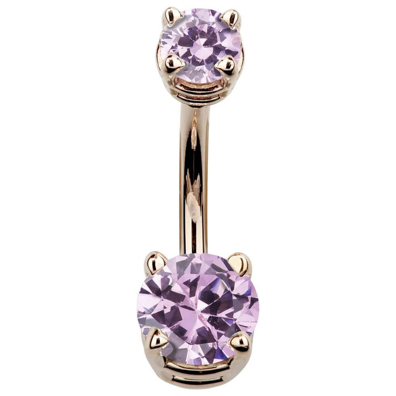 14k rose gold double CZ navel ring with soft pink round cubic zirconia gems, front view