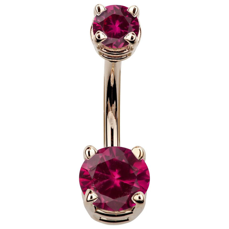 14k rose gold double CZ navel ring with bold red cubic zirconia in prong settings, front view