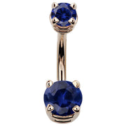 14k rose gold double CZ belly ring with dark blue sapphire cubic zirconia, front view