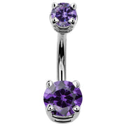 14k white gold double CZ navel ring with purple amethyst-toned round cubic zirconia, front view