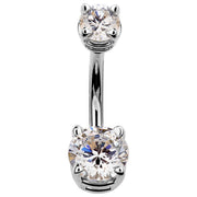14k white gold double round CZ navel ring with clear cubic zirconia, front view on white