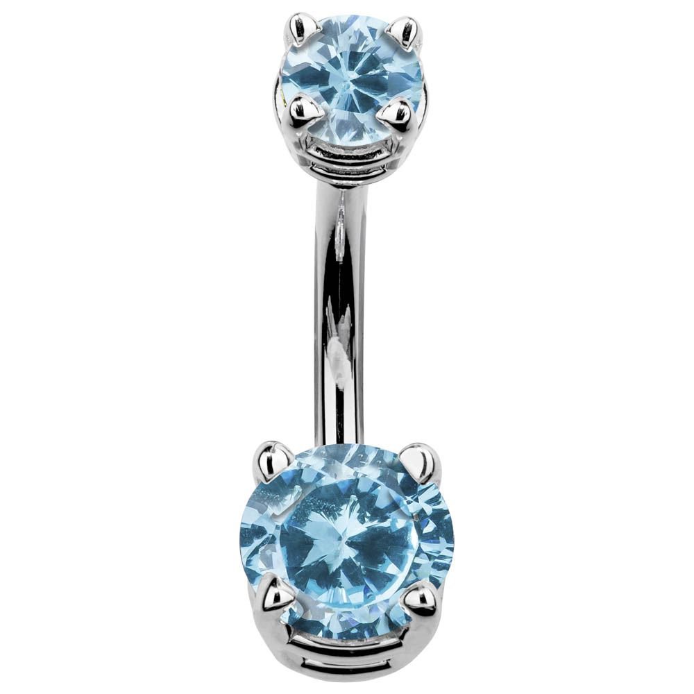Double Round Cubic Zirconia 14k Gold Belly Ring-14k White Gold   Light Blue