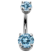 14k white gold double CZ navel ring with light blue aquamarine cubic zirconia gems, front view