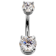 14k white gold double CZ belly ring with clear sparkling cubic zirconia, front view on white