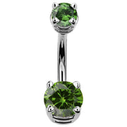 14k white gold double CZ navel ring with dark green emerald cubic zirconia gems, front view