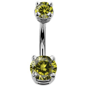 14k white gold double CZ belly ring with light green peridot-toned cubic zirconia, front view
