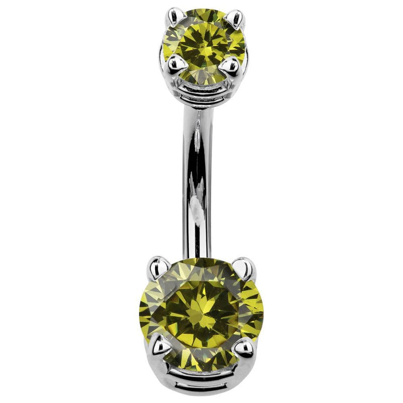 14k white gold double CZ belly ring with light green peridot-toned cubic zirconia, front view