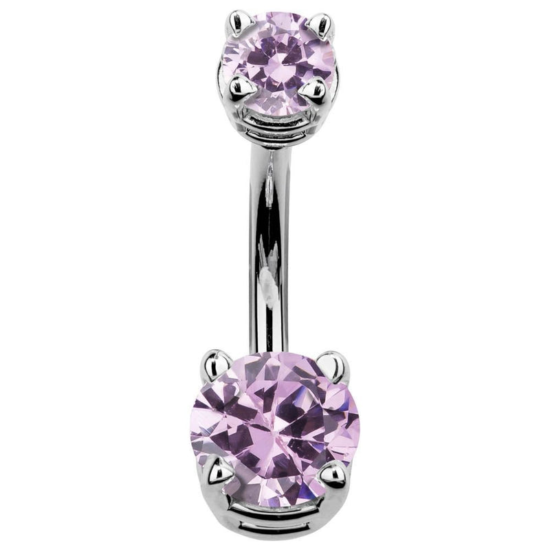 14k white gold double CZ belly ring with pink lavender cubic zirconia in prong settings, front view