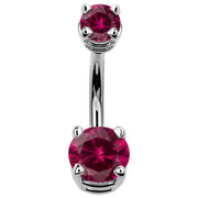 14k white gold double CZ belly ring with bold red cubic zirconia gems, front view