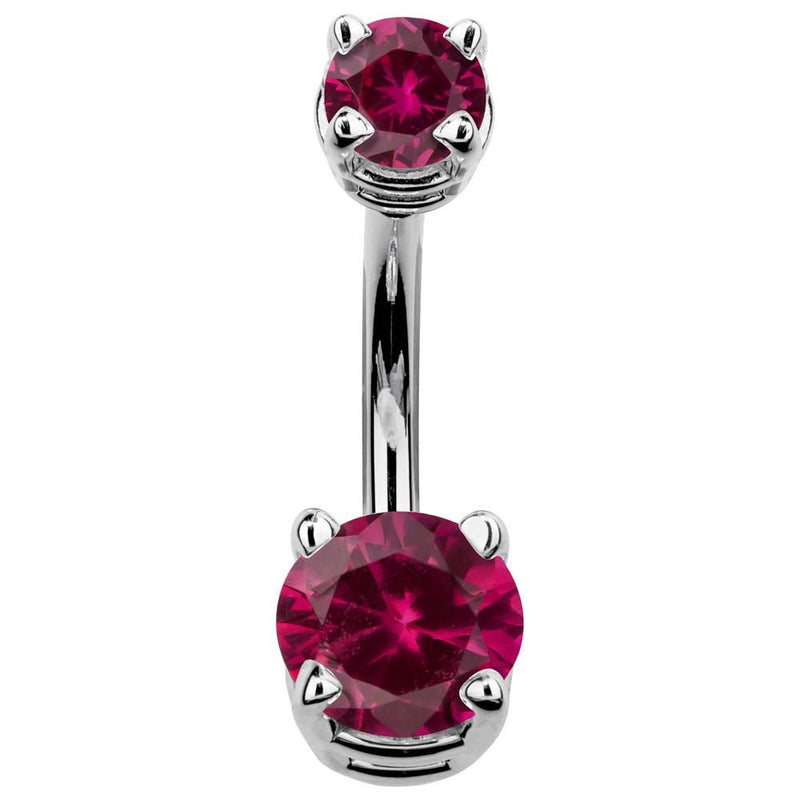 14k white gold double CZ belly ring with bold red cubic zirconia gems, front view
