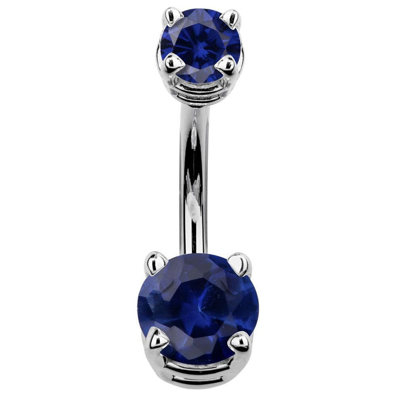 14k white gold double CZ navel ring with deep blue sapphire cubic zirconia, front view