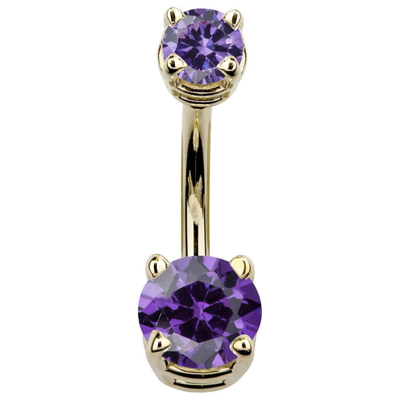 14k yellow gold double CZ belly ring with purple amethyst-toned cubic zirconia gems, front view