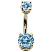 14k yellow gold double CZ belly ring with light blue aquamarine cubic zirconia, front view