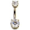 14k yellow gold double CZ belly ring with clear prong-set cubic zirconia, front view