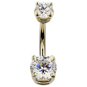 14k yellow gold double CZ belly ring with clear prong-set cubic zirconia, front view