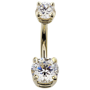 14k yellow gold double CZ belly ring with clear prong-set cubic zirconia, front view