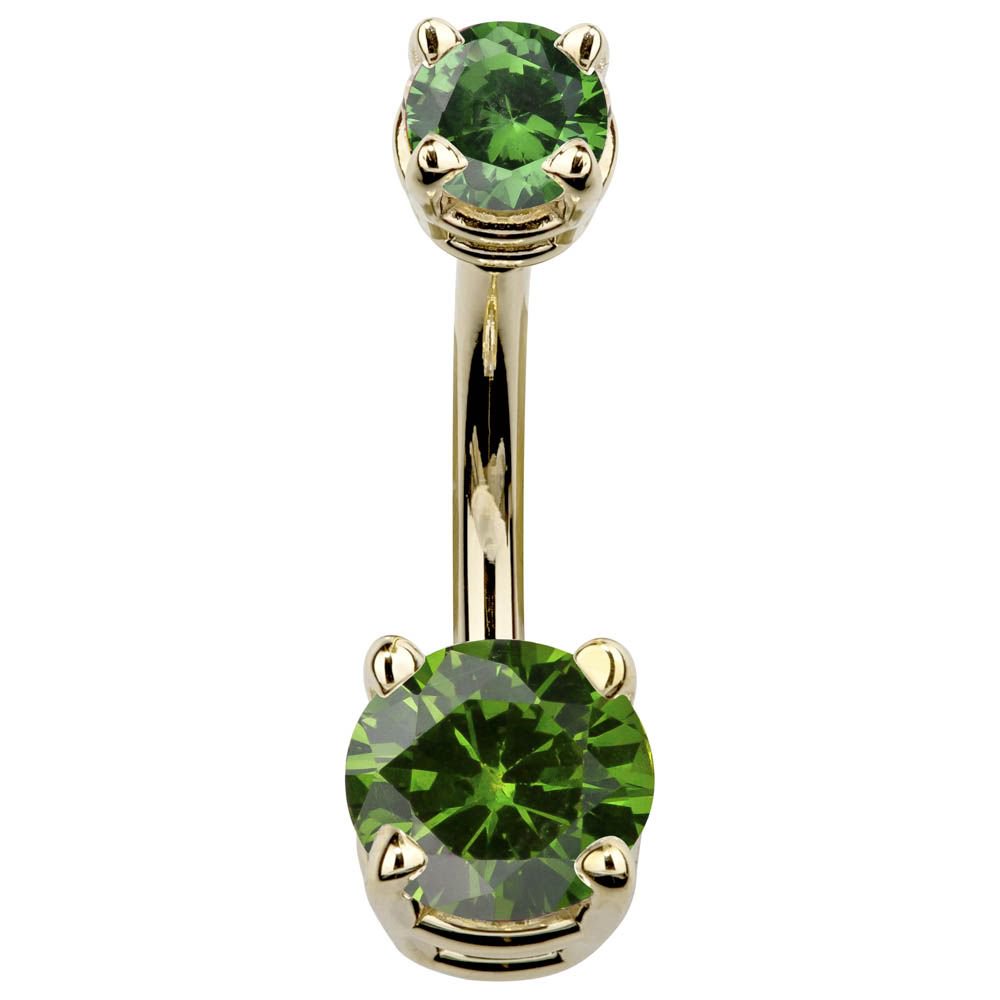 Double Round Cubic Zirconia 14k Gold Belly Ring-14k Yellow Gold   Dark Green