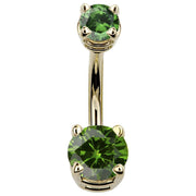 14k yellow gold double CZ belly ring with dark green round cubic zirconia, front view