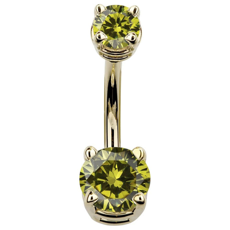 14k yellow gold double CZ navel ring with light green peridot cubic zirconia gems, front view