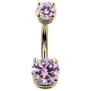 14k yellow gold double CZ navel ring with pink lavender cubic zirconia gems, front view
