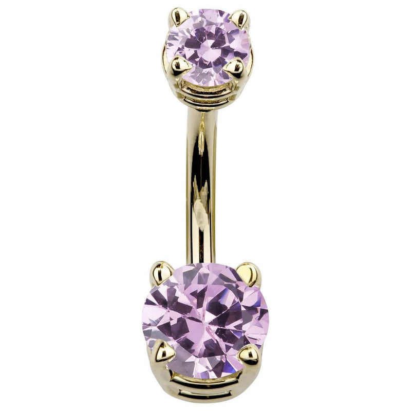 14k yellow gold double CZ navel ring with pink lavender cubic zirconia gems, front view