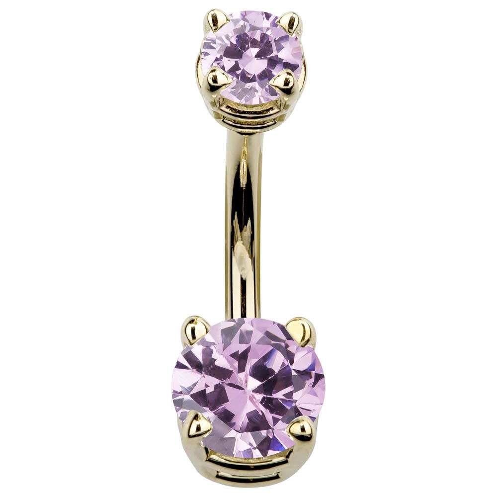 Double Round Cubic Zirconia 14k Gold Belly Ring-14k Yellow Gold   Pink