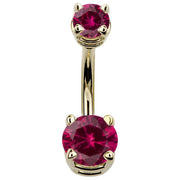 14k yellow gold double CZ belly ring with vibrant red ruby-toned cubic zirconia, front view