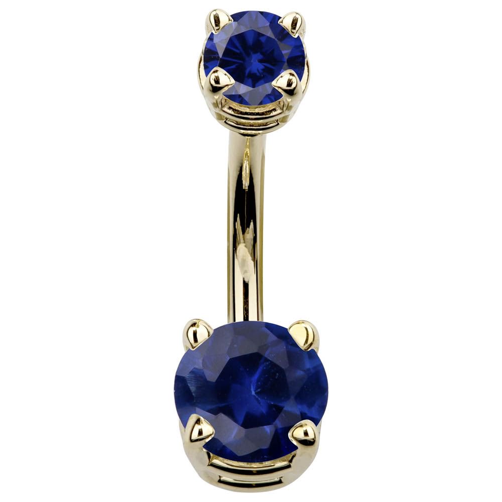 Double Round Cubic Zirconia 14k Gold Belly Ring-14k Yellow Gold   Blue