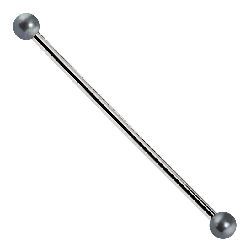 14K white gold industrial barbell with gray freshwater cultured peacock pearl ends, front view