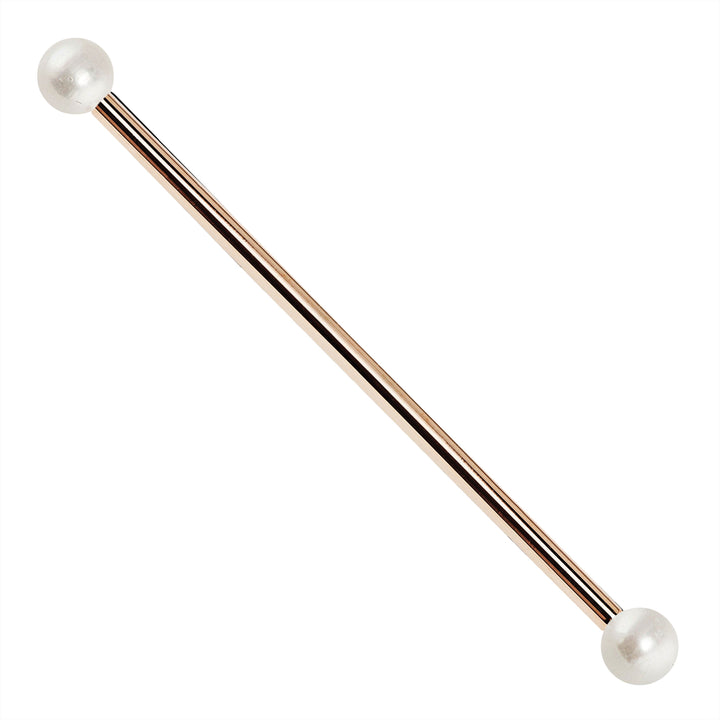 14G Cultured Pearl 14K Gold Industrial Barbell-14K Rose Gold   14G   2"