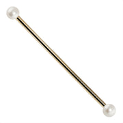 14G cultured freshwater pearl 14K yellow gold industrial barbell, full-length front view