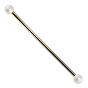 14G cultured freshwater pearl 14K yellow gold industrial barbell, full-length front view