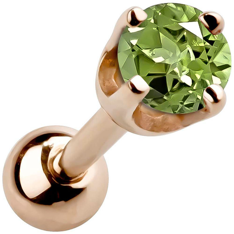 14k rose gold 2mm peridot cartilage stud with olive green stone in high-set four-prong basket setting