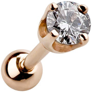 14k rose gold 2mm CZ cartilage stud with high-set basket setting and polished ball end, angled view