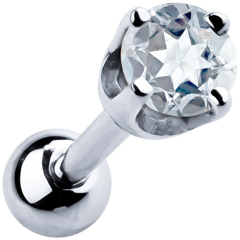14k white gold 2mm aquamarine cartilage stud with icy blue stone in high-set four-prong basket setting
